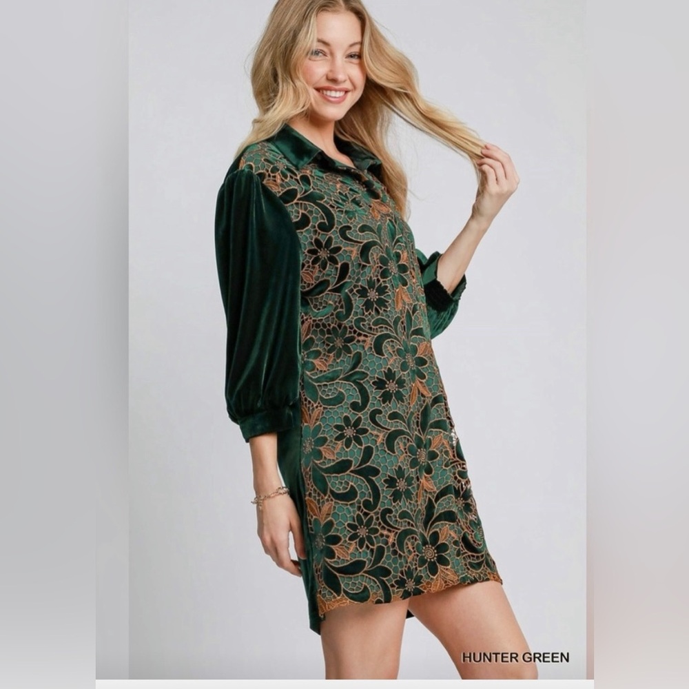 New Umgee Embroidered  Green and Gold Lace Velvet Dress size large 🌸 BRB SL 5